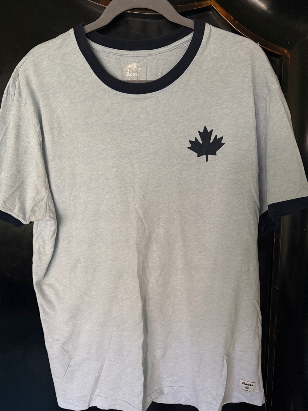 Roots Light Blue Ringer Tee with Navy Maple Leaf